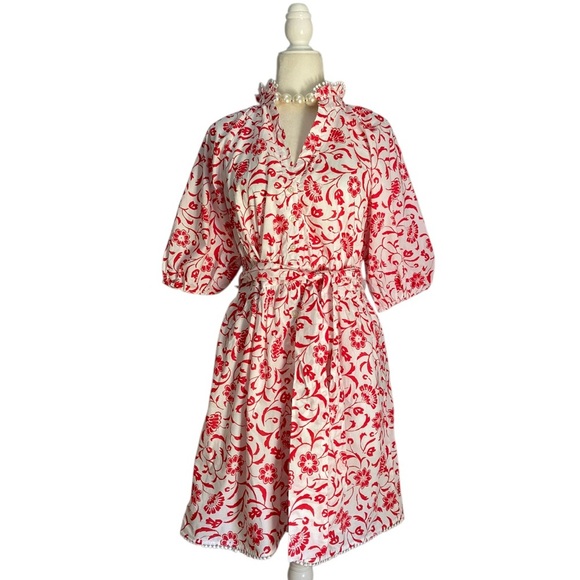 Ann Taylor Floral Ruffle Neck flare Dress NWT Fiery Red White Flirty Feminine - Picture 3 of 11
